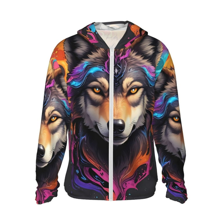 KLL Colorful Wolf Head Print Men s Women s UPF 50 Sun Protection Outdoor Hoodie Jacket Long Sleeve Fishing Hiking Performance Shirt Small