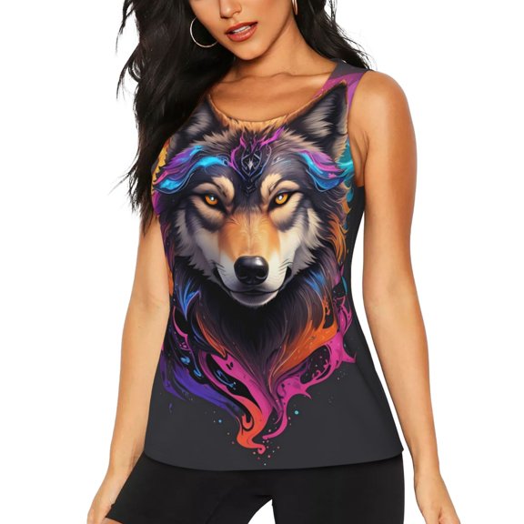 KLL Colorful Wolf Head Print Womens Tank Top Sleeveless Workout Tops Athletic Running Shirts Yoga Gym Clothes-Small