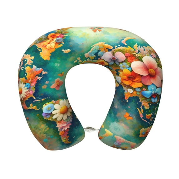 KLL Colorful World Map Pattern Memory Foam Cervical Neck Pillow Versatile U-Shaped Pillows for Home/Office/Camping/Travelling/Soft Washable Cover