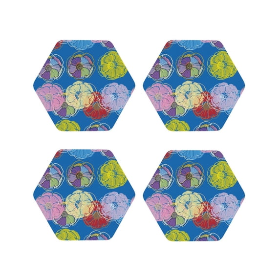 KLL Colorful floral Drink Coasters Set of 4,PU Leather Absorbent Coasters Set Decorative Coffee Cup Coasters Housewarming Gift for Home Decor-Hexagon