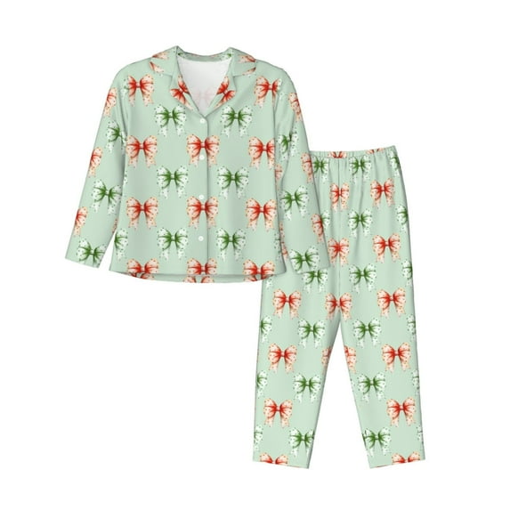 KLL Colorful polka dots bow Print Women's Long Sleeve Pajamas with Pants Sleepwear Loungewear 2 Set-Small