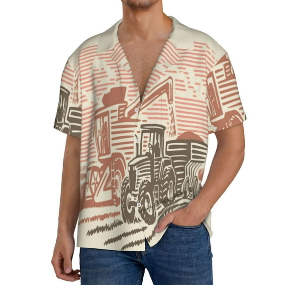 KLL Combine harvester working with tractor Print Men's Shirt Short Sleeve Button Down Summer Cuba Beach Shirts-3X-Large