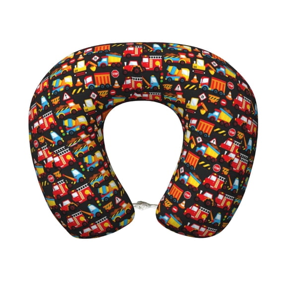 KLL Construction Truck Pattern Memory Foam Cervical Neck Pillow Versatile U-Shaped Pillows for Home/Office/Camping/Travelling/Soft Washable Cover