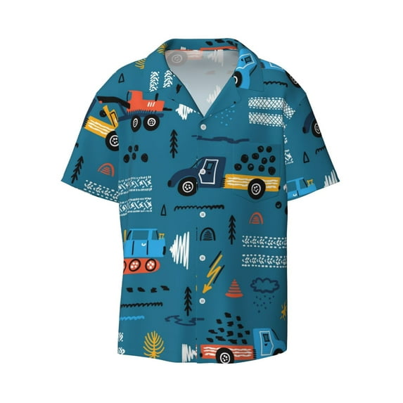 KLL Construction Trucks Print Men's Shirt Short Sleeve Button Down Summer Cuba Beach Shirts- Small