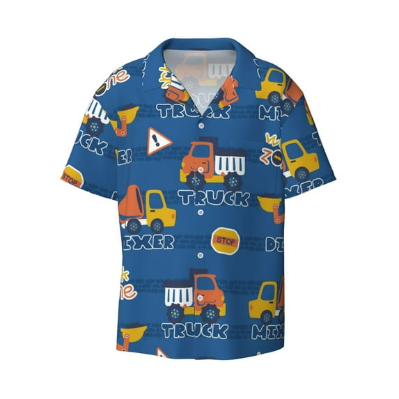KLL Construction Vehicles Print Men's Shirt Short Sleeve Button Down Summer Cuba Beach Shirts- XX-Large