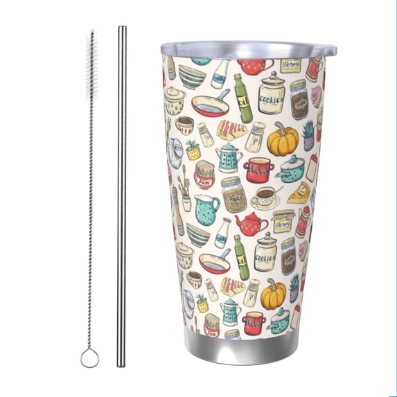 KLL Cooking Utensils Print 40oz Stainless Steel Insulated Car Cup with Spillproof Lid - Keep Your Drink Hot or Cold on the Go-Straw Two-piece Set