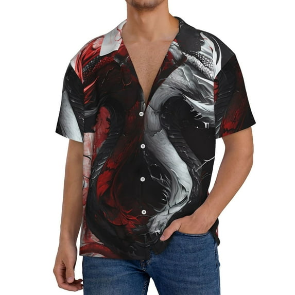 KLL Cool Black And White Dragon Print Men's Shirt Short Sleeve Button Down Summer Cuba Beach Shirts- Medium