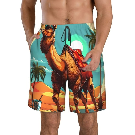 KLL Cool Camel Oasis Vibes Men's Casual Summer Beach Shorts Hawaiian Shorts with Pockets-Small