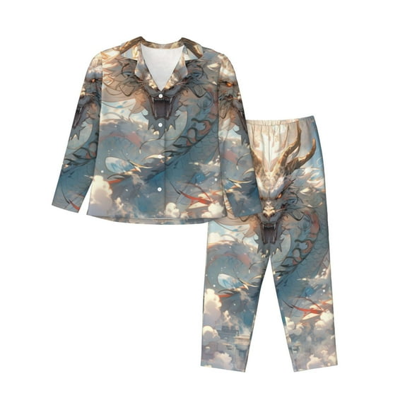 KLL Cool Cloud White Dragon Print Women's Long Sleeve Pajamas with Pants Sleepwear Loungewear 2 Set-X-Large