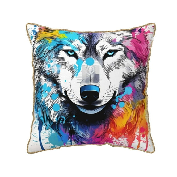 KLL Cool Colorful Wolf Decorative Throw Pillow Covers Velvet Soft for Couch Sofa Bedroom Living Room Outdoor (No pillow core)- 18"x18"