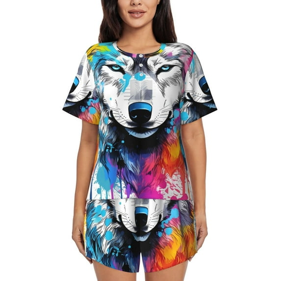 KLL Cool Colorful Wolf Print Pajama Set for Women Short Sleeve Sleepwear Pjs Soft 2 Piece Lounge Sleepwear Sets-4X-Large