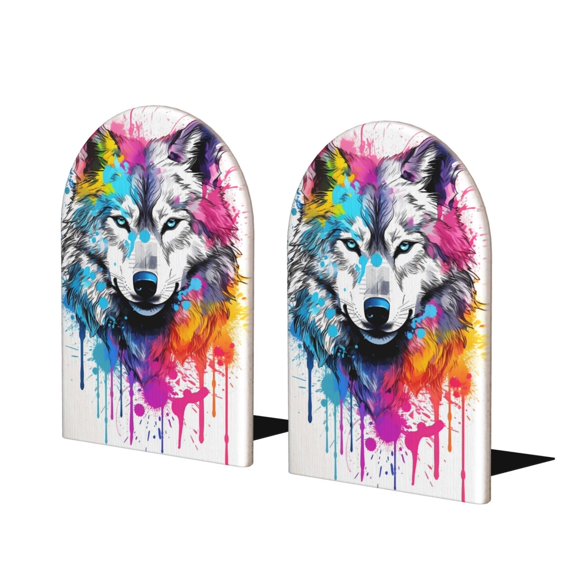 KLL Cool Colorful Wolf Print Wood Book Ends for Shelves,1 Pair Wood Bookends Book Holder Stand Decorative, Book Stoppers for Heavy Duty Books CD File Video Games