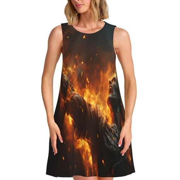 KLL Cool Fire Man Pattern Womens Summer Dresses 2025,Loose Round Neck Sleeveless Sundresses Tank Dresses with Pockets