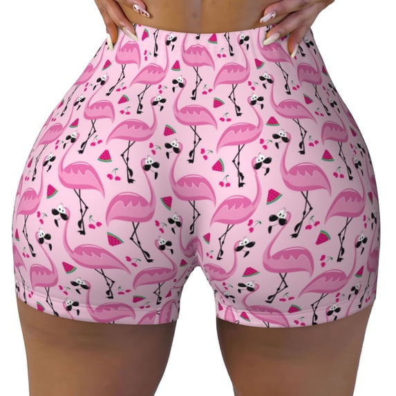 KLL Cool Flamingos Pattern Workout Shorts for Women Scrunch Short Gym Yoga Running Sport Active Exercise Fitness Shorts