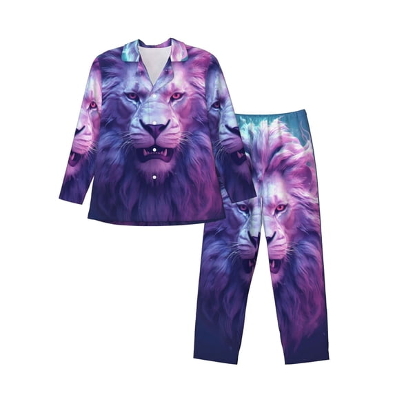 KLL Cool Lion Head Sleepwear Mens Flannel Pajamas,Long Cotton Pj Set