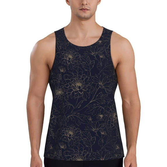 KLL Copper-Gold Gloss Outline Chrysanthemum Print Men's Muscle Gym Workout Stringer Tank Tops Bodybuilding Fitness T-Shirts Tank Tops Men-