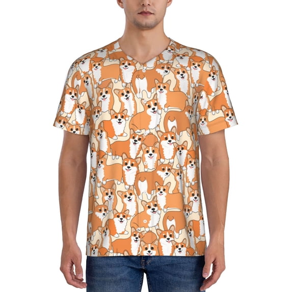 KLL Corgi Animal for Men's Baseball Shirts,Short Sleeve Casual Shirts Button Down Shirt for Men Beach Summer Wedding Shirt-XX-Large