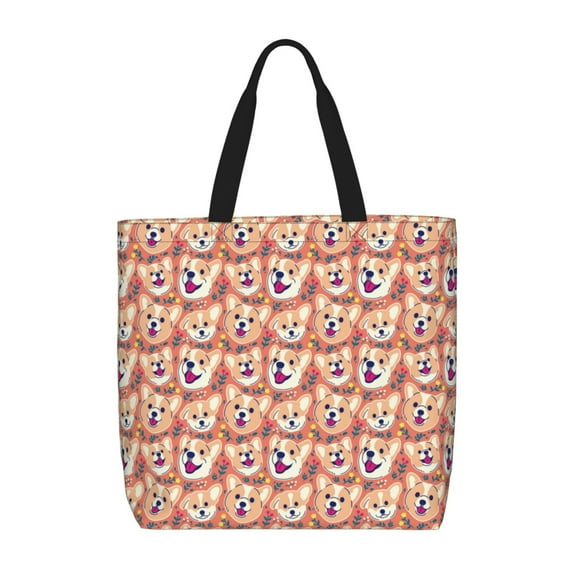 KLL Corgi Head with Floal Pattern Aesthetic Tote Bag for Women Beach Bag Shopping Bags Shoulder Bag Reusable Grocery Bags