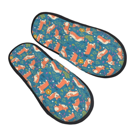 KLL Corgi with Flowers Slippers for Women Men House Slip on Indoor Outdoor Bedroom Furry Fleece Lined Ladies Comfy Anti-Skid Rubber Hard Sole-Medium