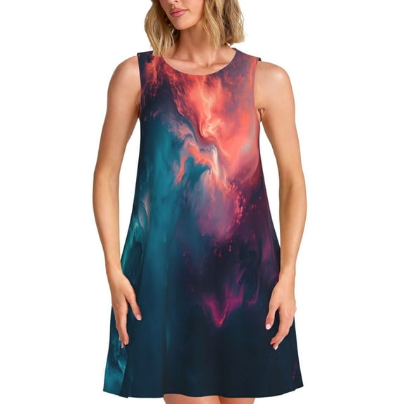 KLL Cosmic Paint Swirl Pattern Womens Summer Dresses 2025,Loose Round Neck Sleeveless Sundresses Tank Dresses with Pockets