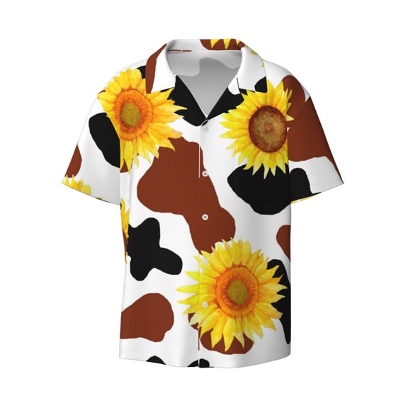KLL Cow Print Sunflower Print Men's Shirt Short Sleeve Button Down Summer Cuba Beach Shirts- 3X-Large