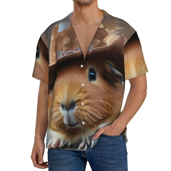 KLL Cowboy Hat Guinea Pig Print Men's Shirt Short Sleeve Button Down Summer Cuba Beach Shirts- Large