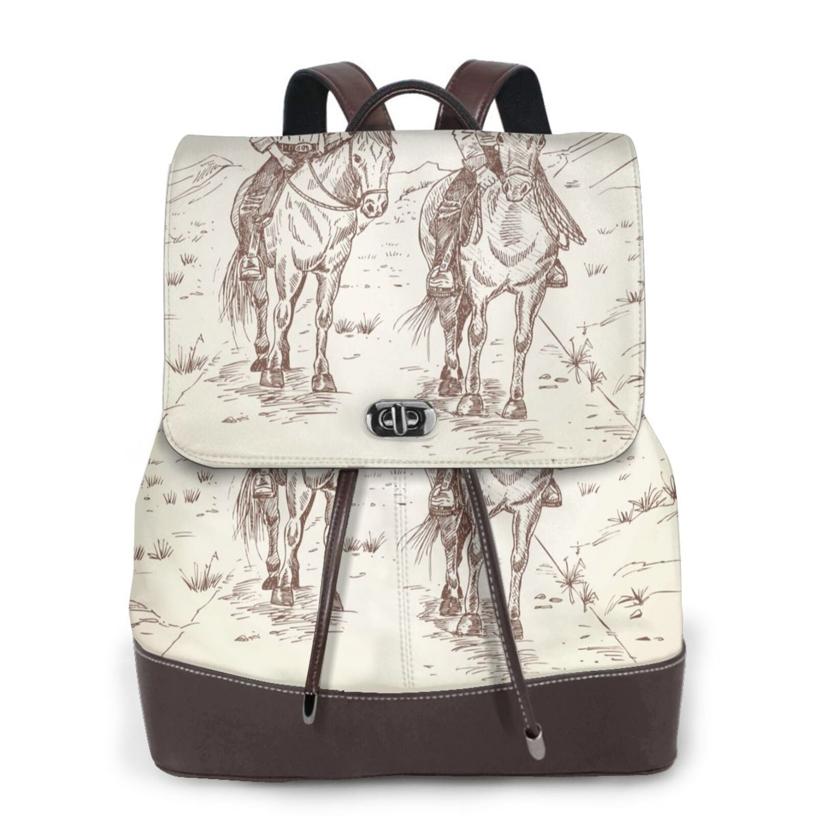 KLL Cowboys Riding Horses In Desert Print Leather Backpack,PU Leather ...