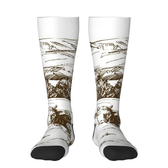 KLL Cows Grazing On The Meadow 2 Print Cool Socks Men's Women's Crew Socks Funny Crazy Novelty Stockings