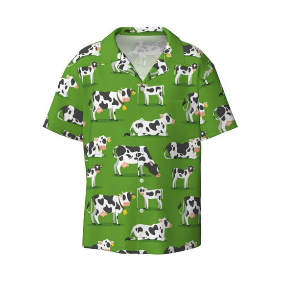 KLL Cows With Calfs Green Print Men's Shirt Short Sleeve Button Down Summer Cuba Beach Shirts- Small