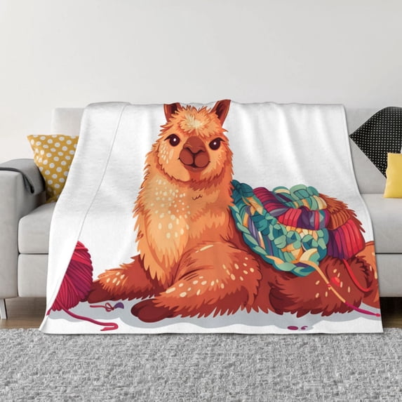 KLL Cozy Knitting Llama Print Fleece Throw Blanket, Horizontal Fleece Bedding Cute Soft Blankets Comfy Fleece Flannel Plush Home Decor for Couch & Bed -40"x30"
