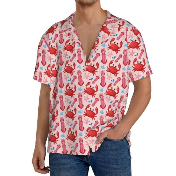 KLL Crabs Starfish Print Men's Shirt Short Sleeve Button Down Summer Cuba Beach Shirts- Small