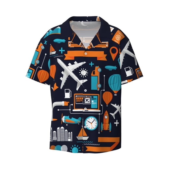 KLL Creative Transport Print Men's Shirt Short Sleeve Button Down Summer Cuba Beach Shirts- Medium
