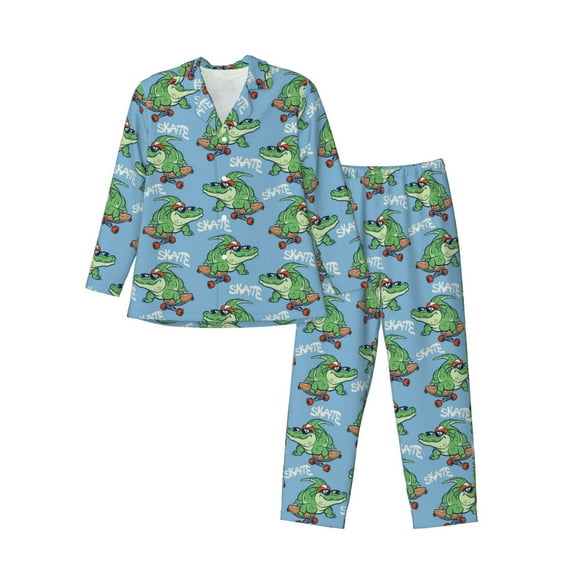 KLL Crocodile Riding Skateboard Sleepwear Mens Flannel Pajamas,Long Cotton Pj Set