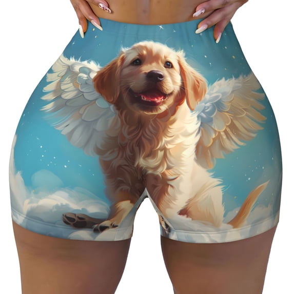 KLL Cute Angel Winged Dog Pattern Workout Shorts for Women Scrunch Short Gym Yoga Running Sport Active Exercise Fitness Shorts