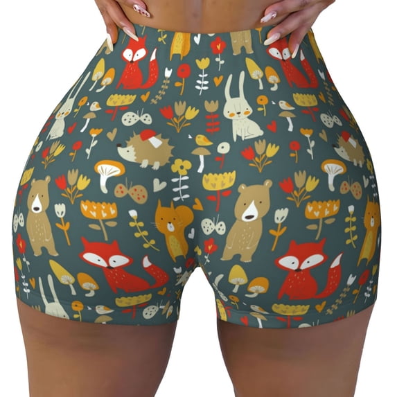 KLL Cute Animal Forest Pattern Workout Shorts for Women Scrunch Short Gym Yoga Running Sport Active Exercise Fitness Shorts