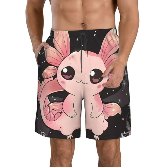 KLL Cute Axolotl Sakura Blossoms B Men's Casual Summer Beach Shorts Hawaiian Shorts with Pockets-Large