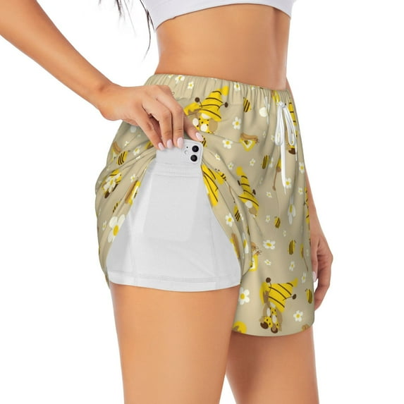 KLL Cute Bee Gnome 2 Pattern Shorts Women,Athletic Shorts High Waisted Running Shorts Pocket Sporty Short Gym Elastic Workout Shorts-XX-Large