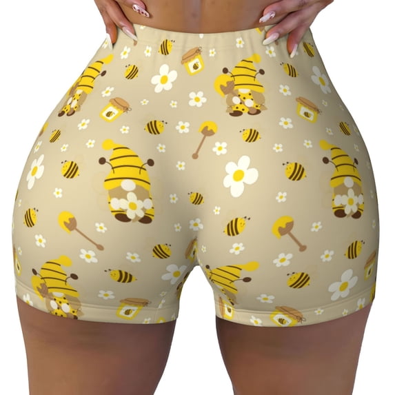 KLL Cute Bee Gnome 2 Pattern Workout Shorts for Women Scrunch Short Gym Yoga Running Sport Active Exercise Fitness Shorts
