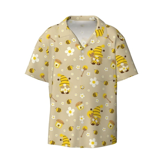 KLL Cute Bee Gnomes Print Men's Shirt Short Sleeve Button Down Summer Cuba Beach Shirts- Medium