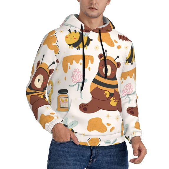 KLL Cute Bee Honey Jar Hive Bear Print Mens Hoodie Long Sleeve Casual Pullover Hooded Sweatshirt Fashion Drawstring Hoodies with Pocket-Medium