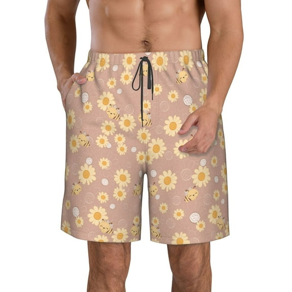 KLL Cute Bee Men's Casual Summer Beach Shorts Hawaiian Shorts with Pockets-Medium