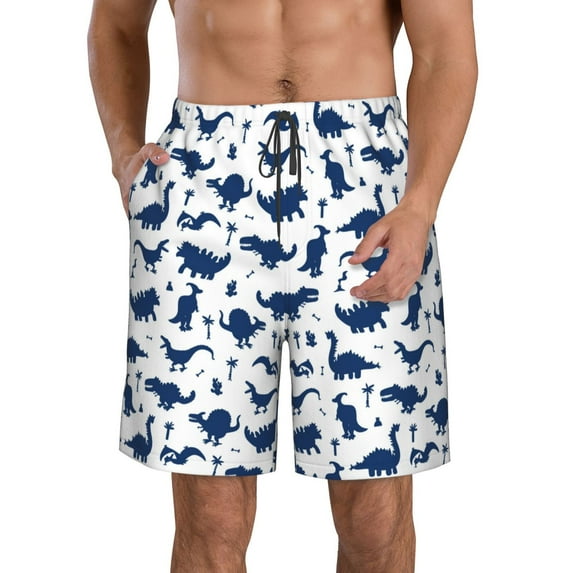 KLL Cute Cartoon Dinosaur Men's Casual Summer Beach Shorts Hawaiian Shorts with Pockets-Small