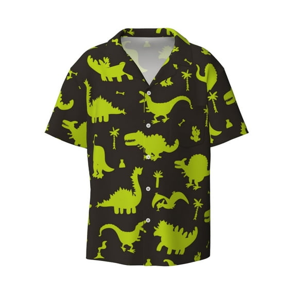 KLL Cute Cartoon Dinosaurs Print Men's Shirt Short Sleeve Button Down Summer Cuba Beach Shirts- Small