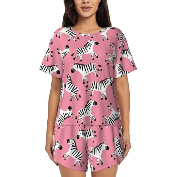 KLL Cute Cartoon Zebra Print Pajama Set for Women Short Sleeve Sleepwear Pjs Soft 2 Piece Lounge Sleepwear Sets-Small