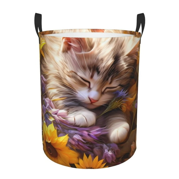 KLL Cute Cat Sunflower Waterproof Foldable Laundry Hamper Bucket with Handles for Storage Bin,Kids Room,Home Organizer (Small )