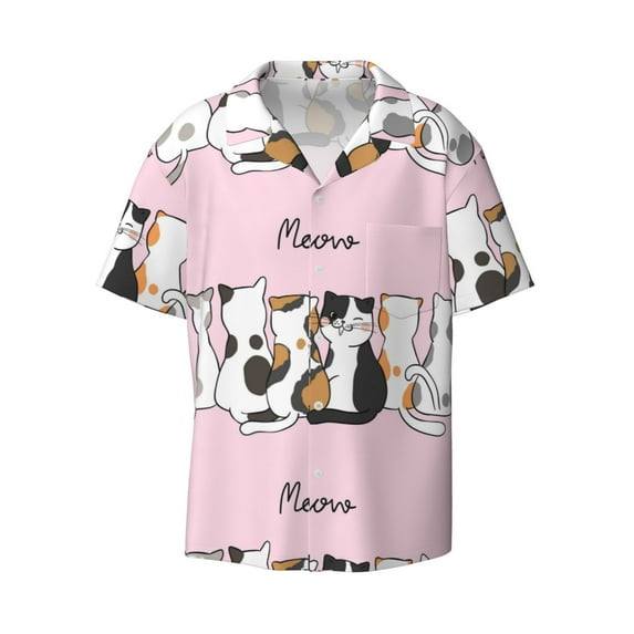KLL Cute Cats Print Men's Shirt Short Sleeve Button Down Summer Cuba Beach Shirts- Small