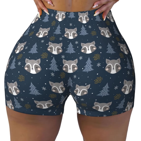 KLL Cute Christmas Tree Raccoon Pattern Workout Shorts for Women Scrunch Short Gym Yoga Running Sport Active Exercise Fitness Shorts