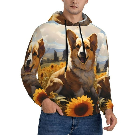 KLL Cute Corgi Sunflower Print Mens Hoodie Long Sleeve Casual Pullover Hooded Sweatshirt Fashion Drawstring Hoodies with Pocket-4X-Large