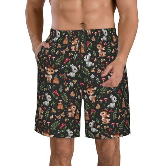 KLL Cute Deer Men's Casual Summer Beach Shorts Hawaiian Shorts with Pockets-Large