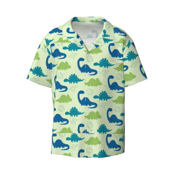 KLL Cute Dinosaur Blue Green Print Men's Shirt Short Sleeve Button Down Summer Cuba Beach Shirts- Large